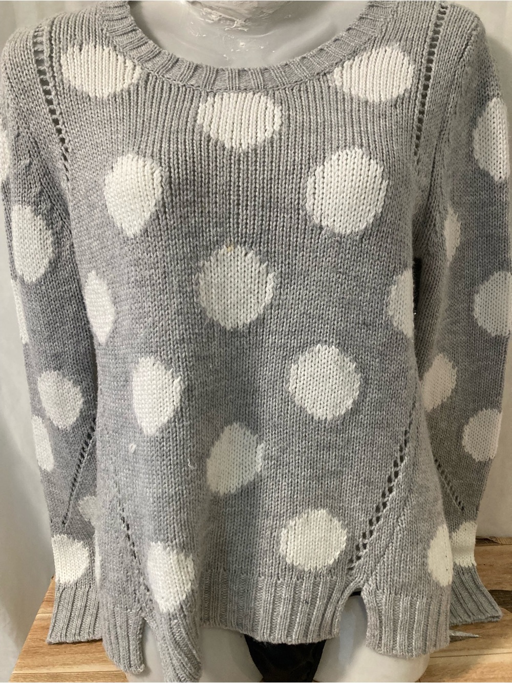 HKR Collections Gray White Polka Dot Knit Sweater Size S Cozy Soft